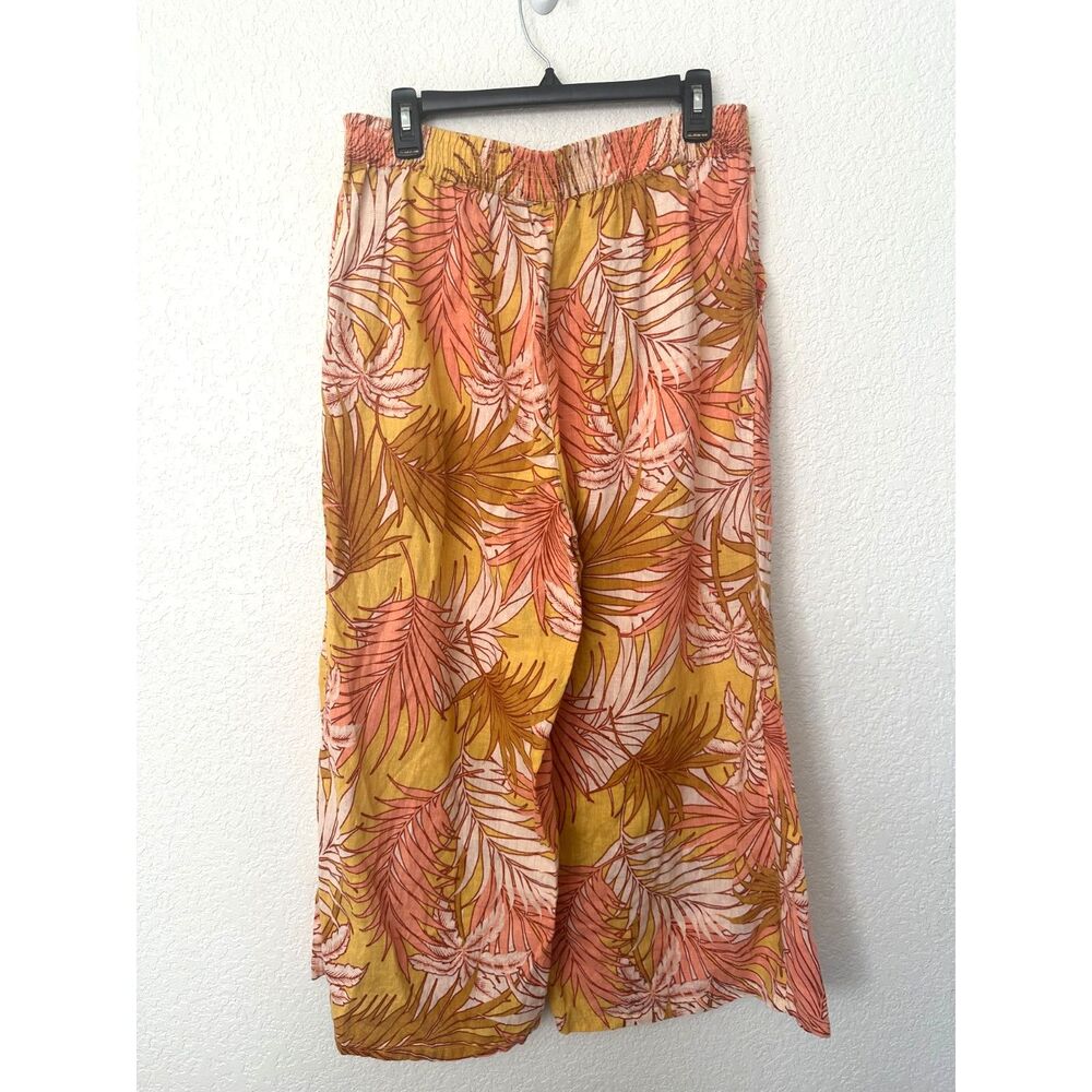 Tahari 100% Linen Pull On Elastic Waist Pockets Palm Branch Print Pants Large
